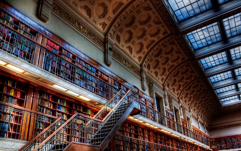 Library with Bookshelves — Brown, Dramatic, Photograph