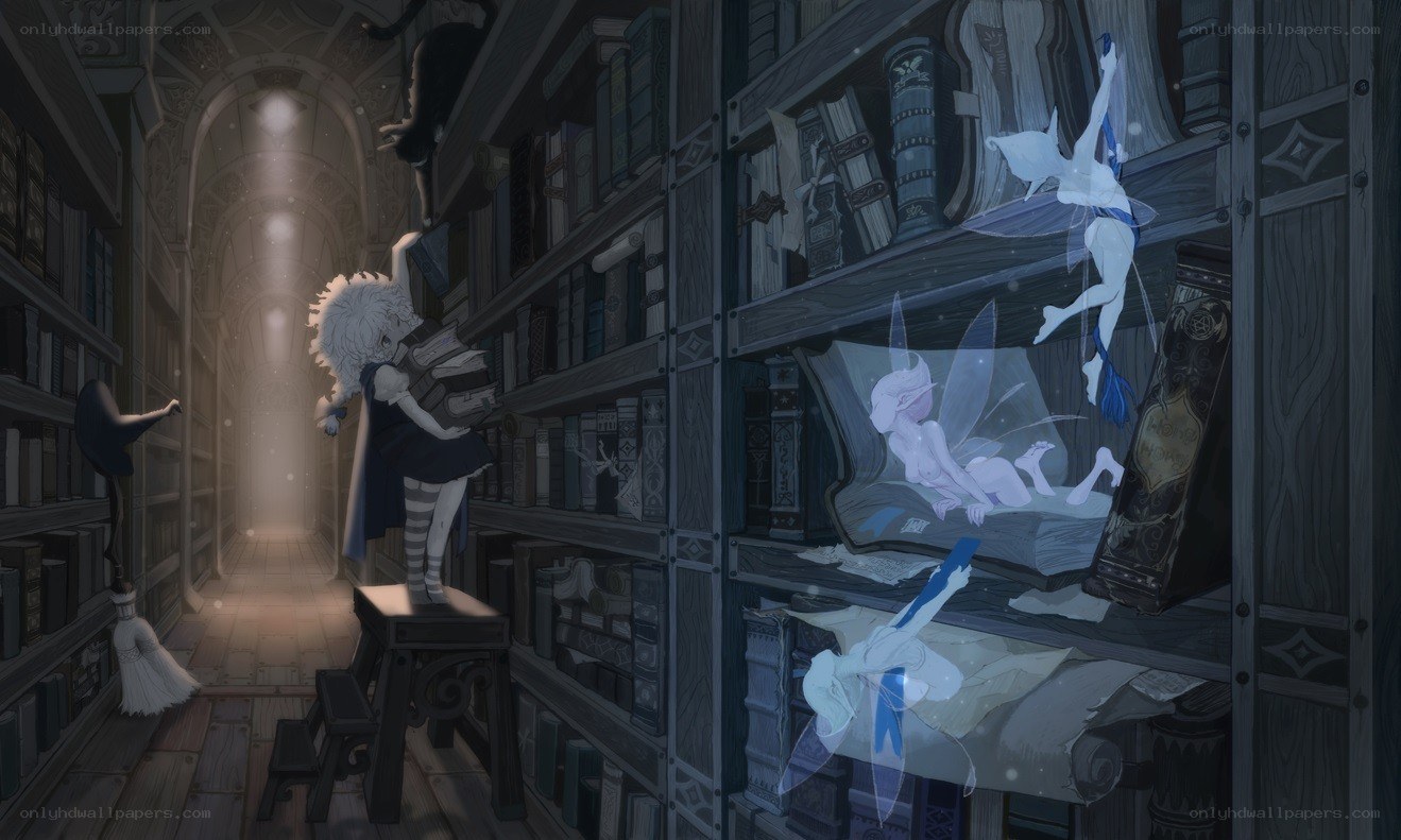 library with fairies and books