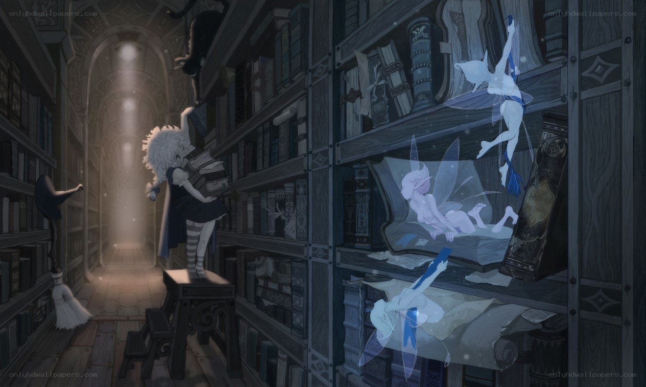 library with fairies and books