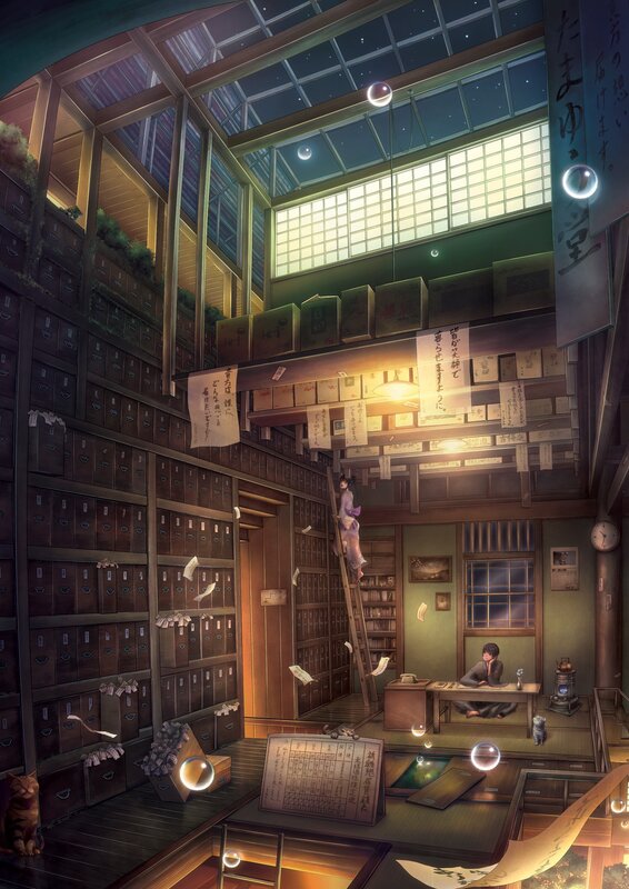 Library with floating papers