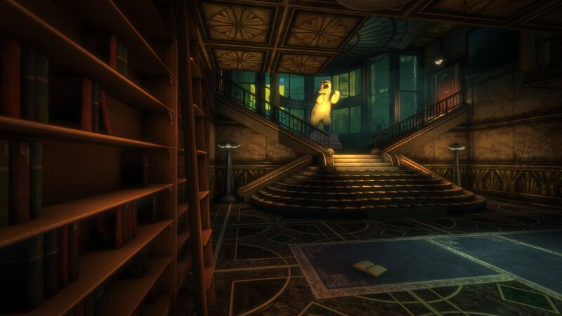 library with glowing bear statue