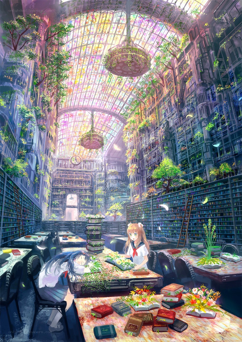 Library with greenery and students