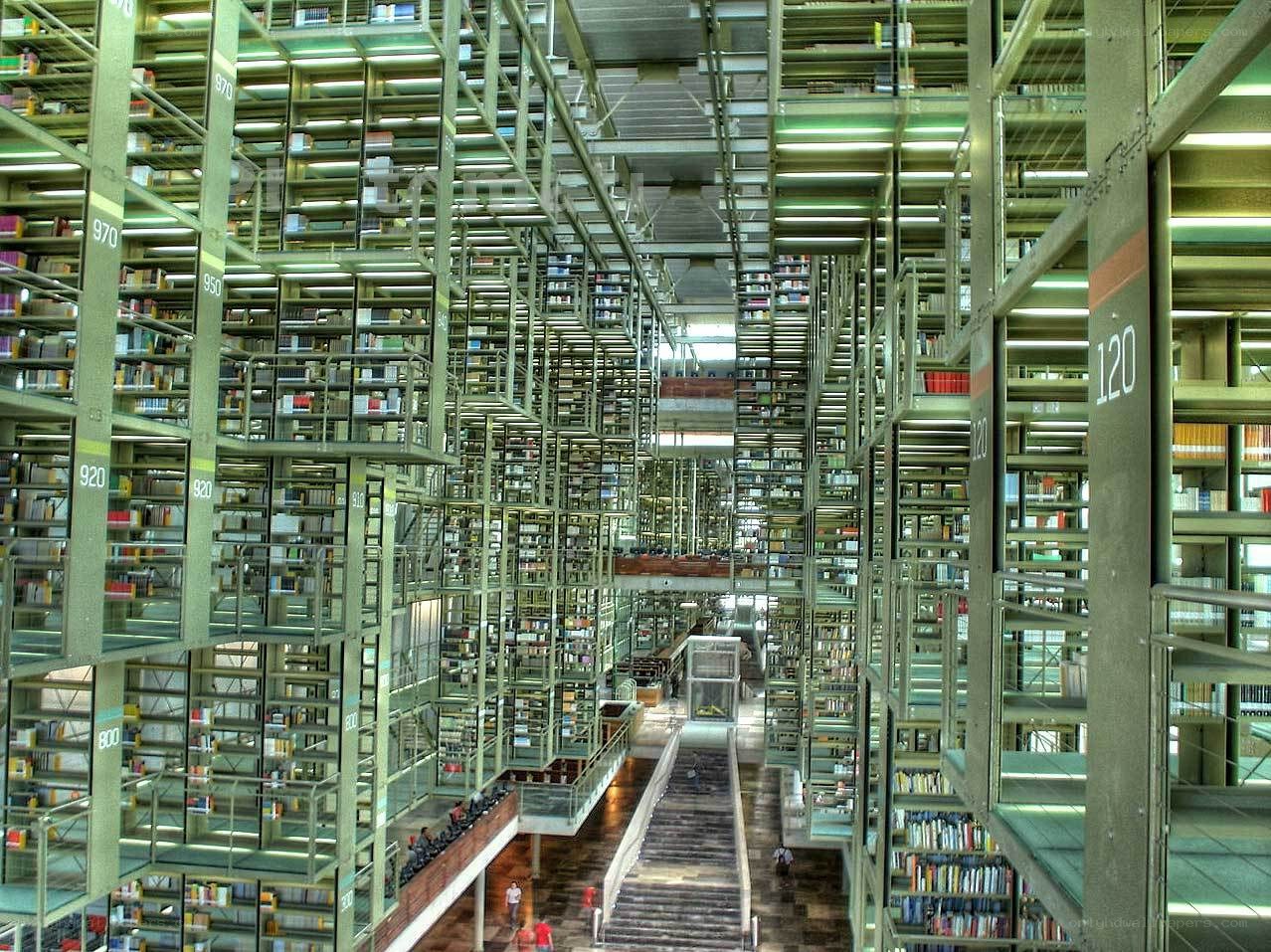Library with tall bookshelves