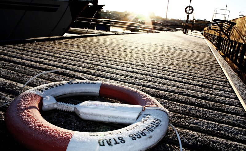 Life Preserver on Dock — Red