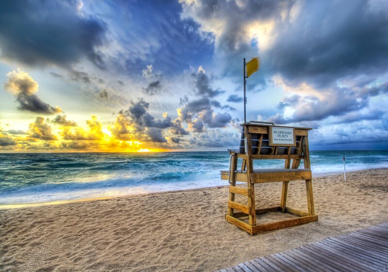 Lifeguard Chair on Beach — Blue, Dramatic, Sunset