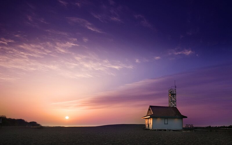 Lifeguard Station at Sunset — Purple, Serene, Photograph, Beach