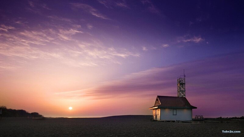 Lifeguard Station at Sunset — Purple, Serene, Photograph, Beach, Tower