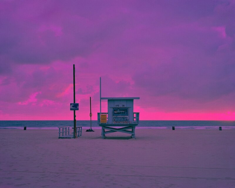 Lifeguard Station on Beach — Purple, Dramatic, Sunset