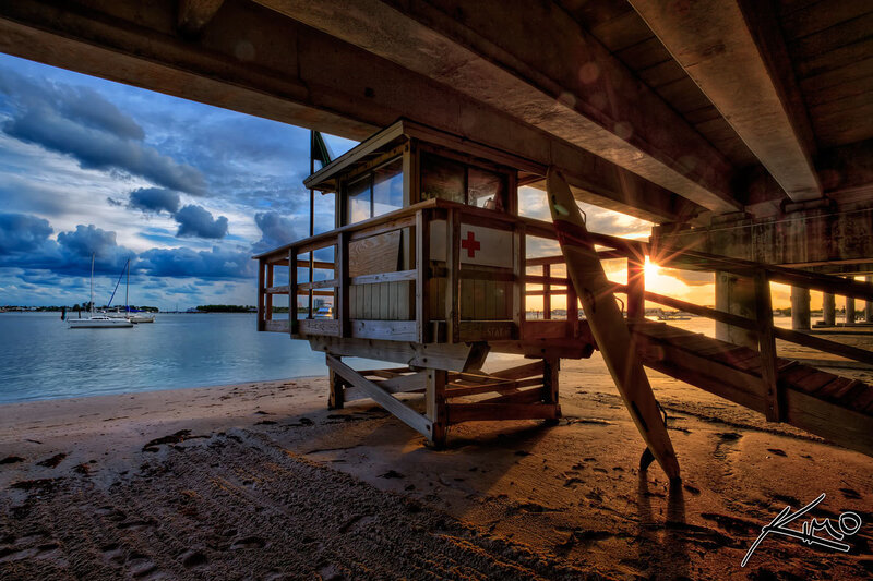 Lifeguard tower at sunset