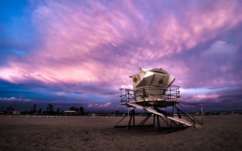 Lifeguard tower at sunset