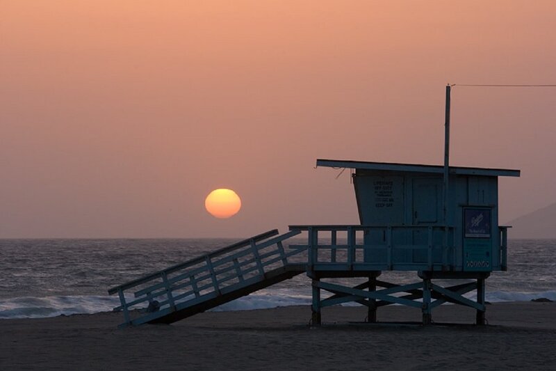 Lifeguard Tower at Sunset — Orange, Serene, Photograph, Sun