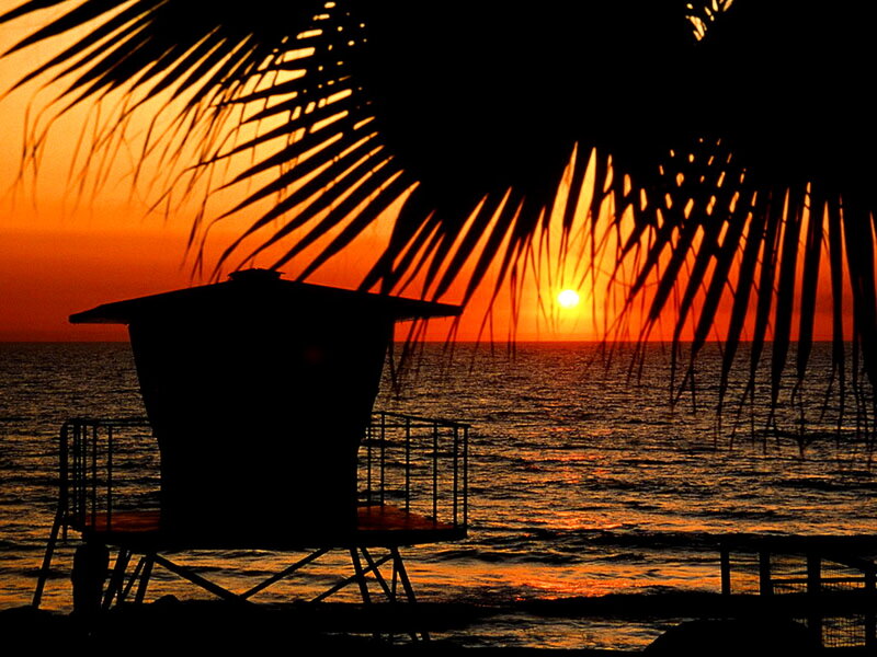 Lifeguard Tower at Sunset — Orange, Serene, Photograph