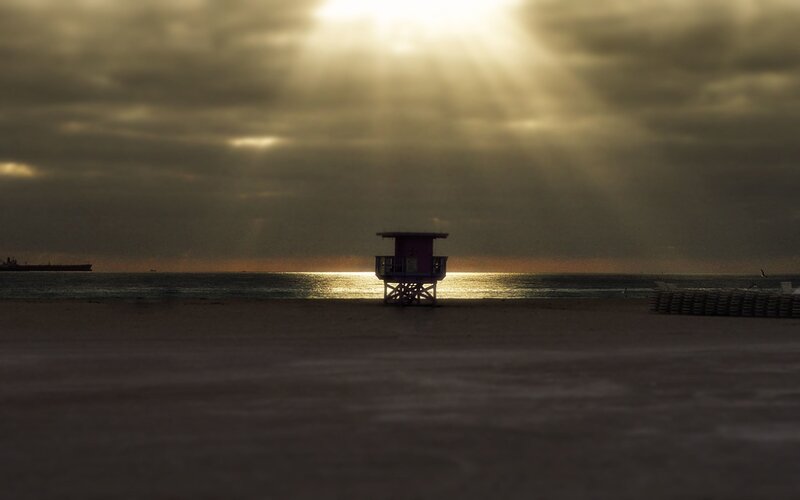 Lifeguard tower at sunset