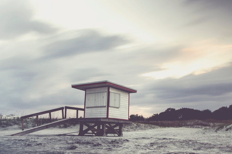 Lifeguard tower on a cloudy beach