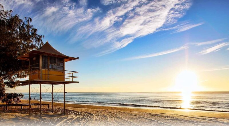Lifeguard Tower on Beach — Blue, Serene, Sunset