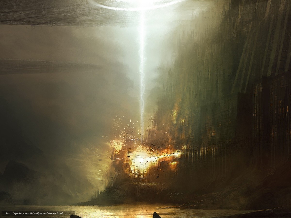 Light beam strikes city