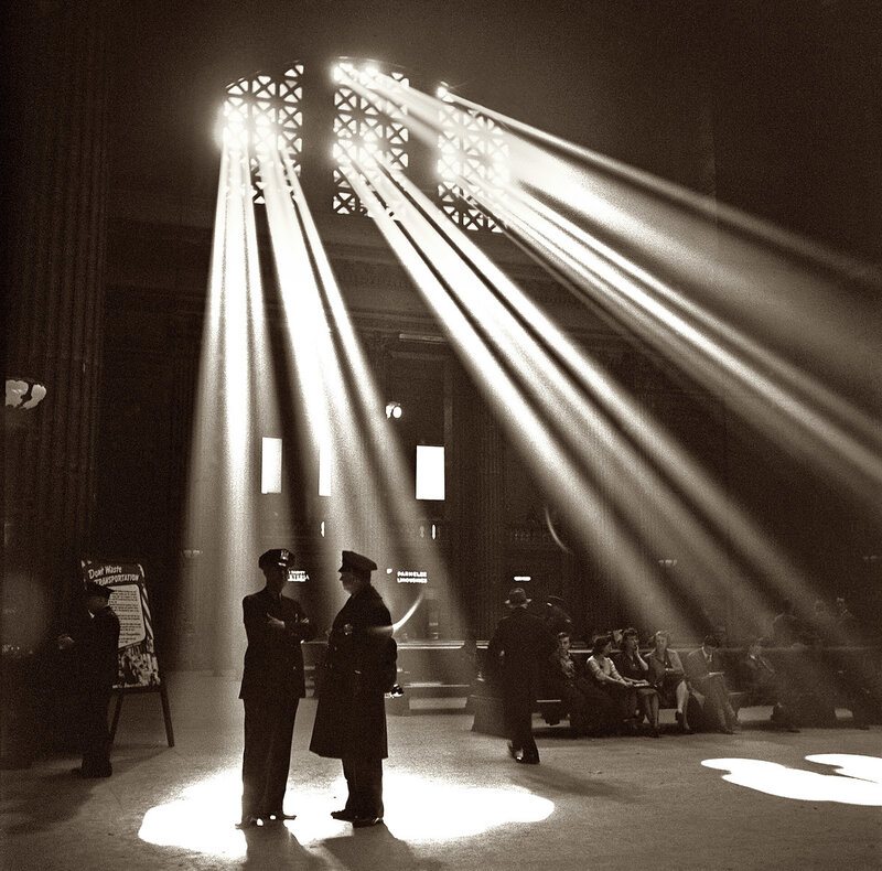 Light beams in a train station