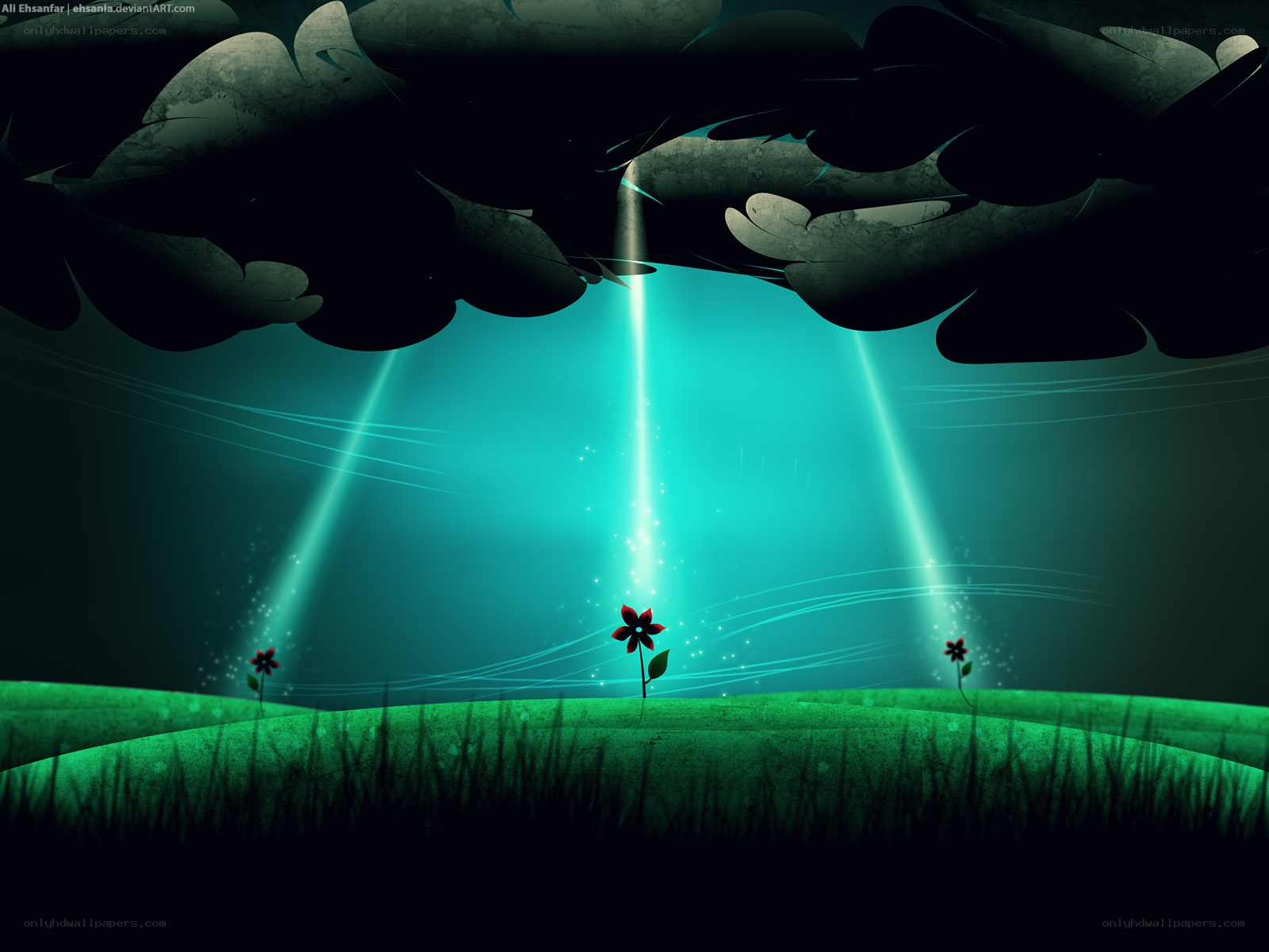 light beams on a green field