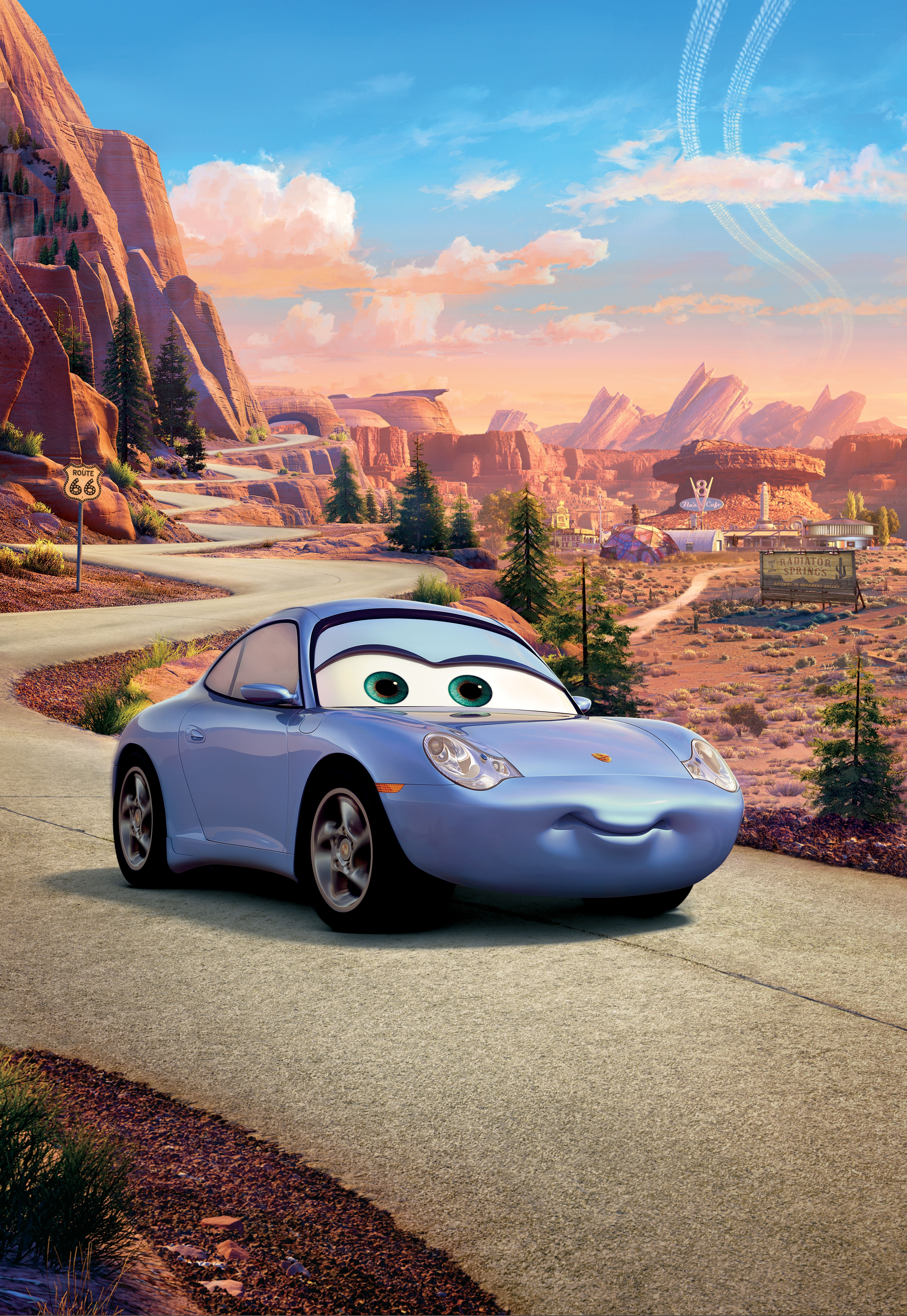 Light blue car on a desert road