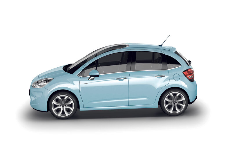 light blue compact car