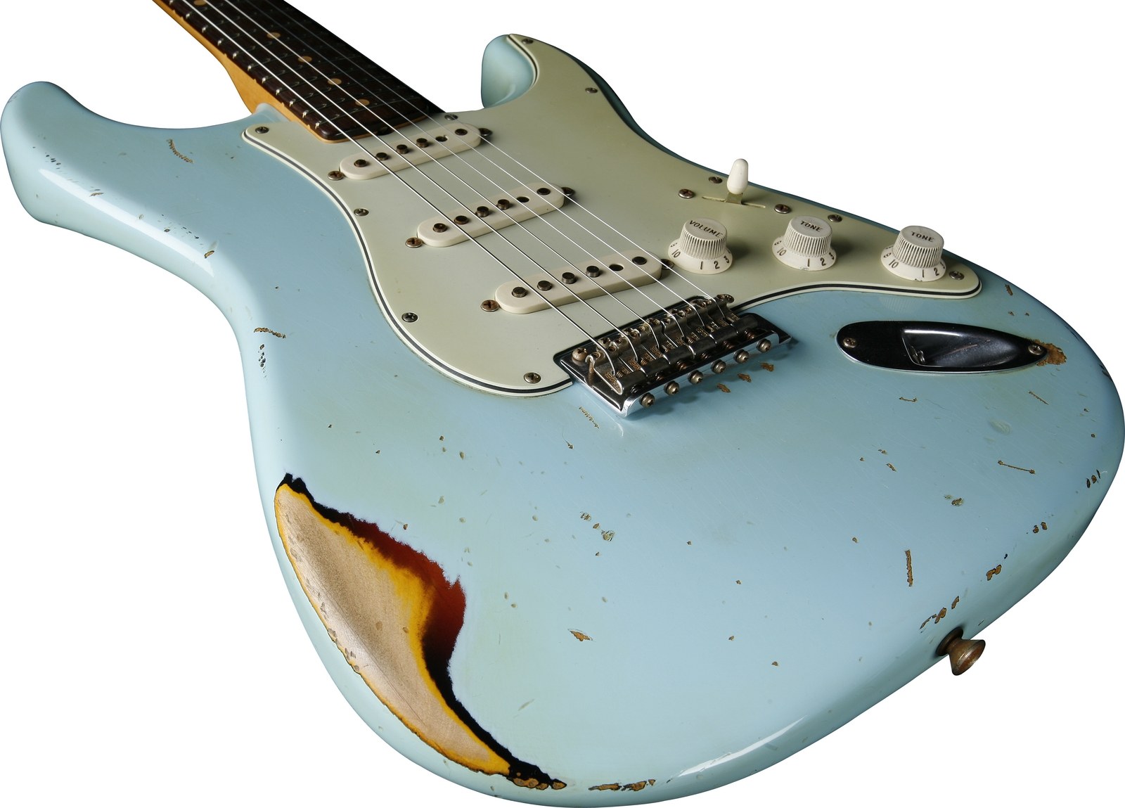 light blue distressed electric guitar