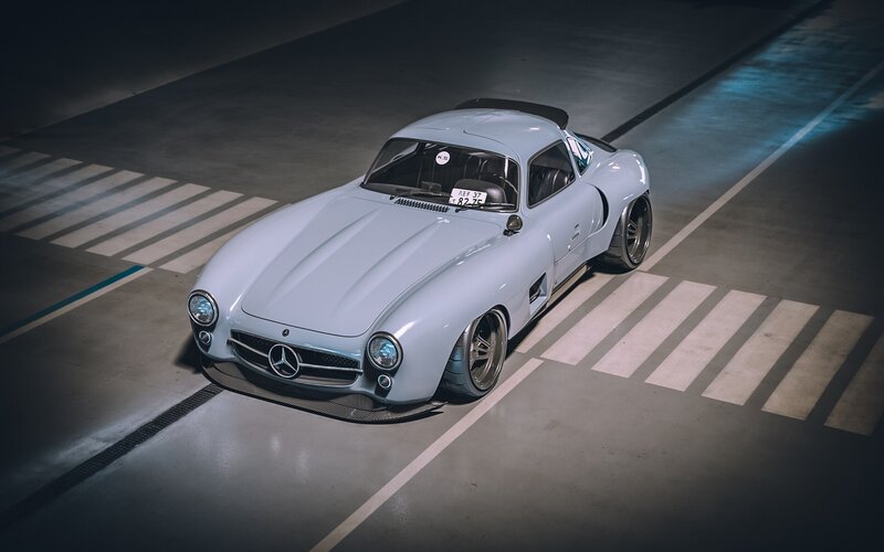 Light-blue Sports Car — Gray, Dramatic, Night, Photograph