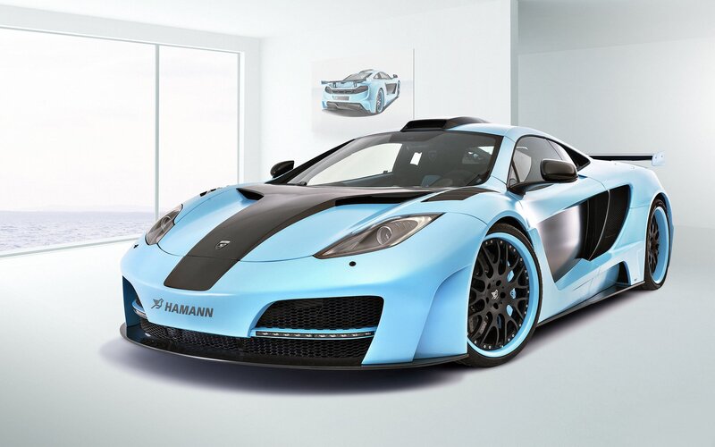Light blue sports car in showroom