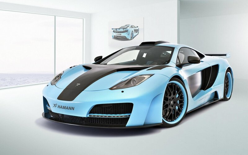Light blue sports car in showroom