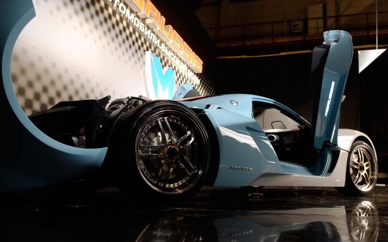 Light blue sports car on display
