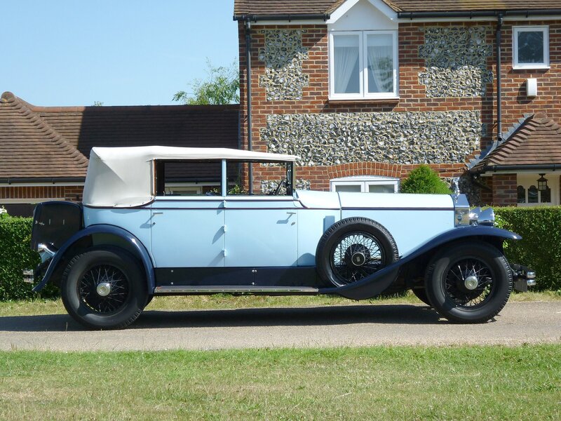 Light-blue Vintage Car — Blue, Serene, Afternoon, Photograph, House, Hedge, Grass, White