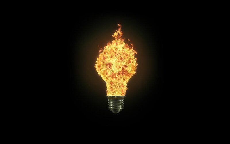 Light Bulb on Fire — Black, Dramatic, 3d Render