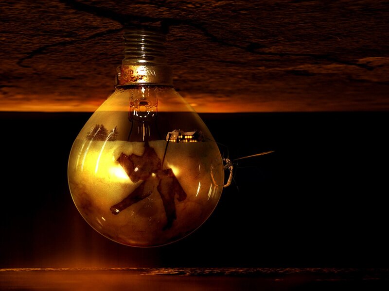 Light bulb with miniature landscape