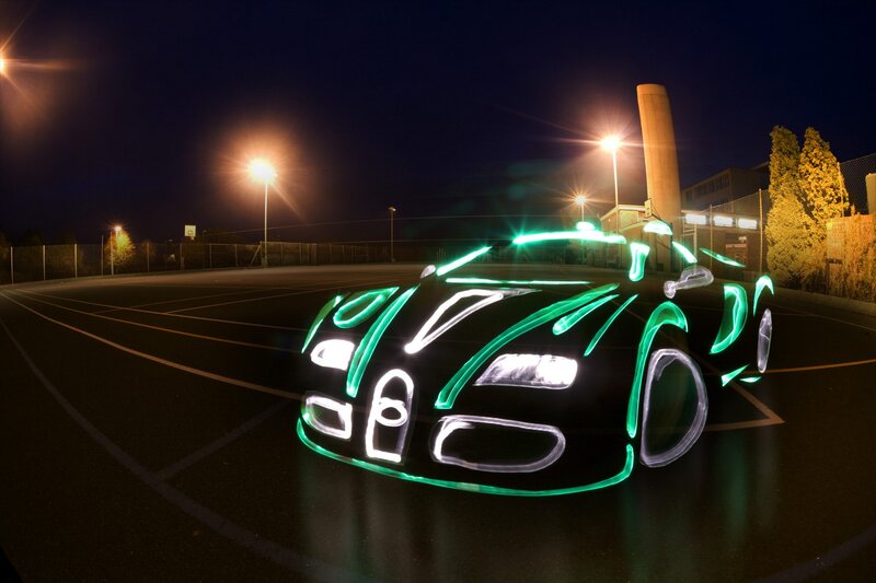 Light-painted car at night