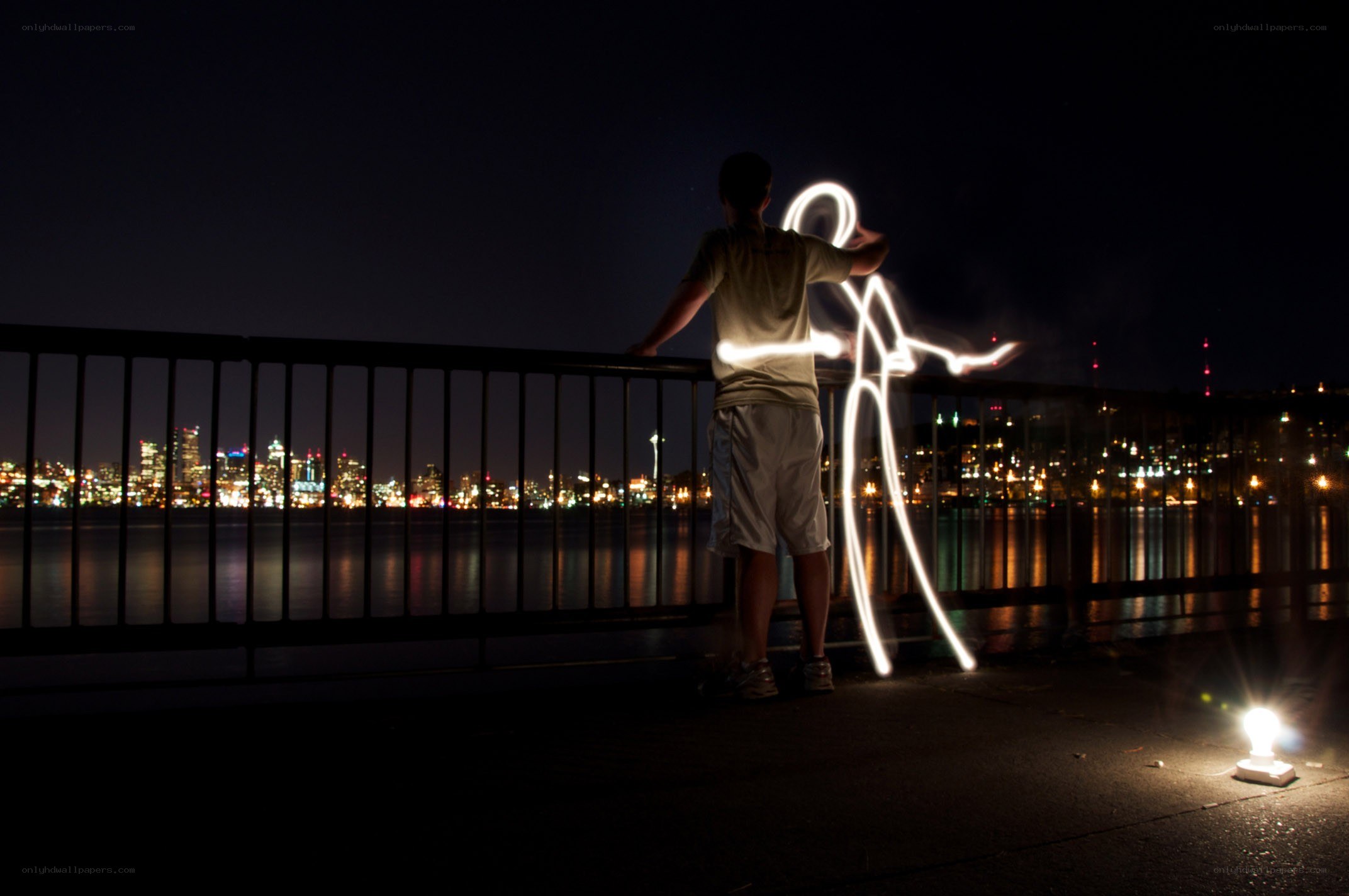 Light painting on a bridge