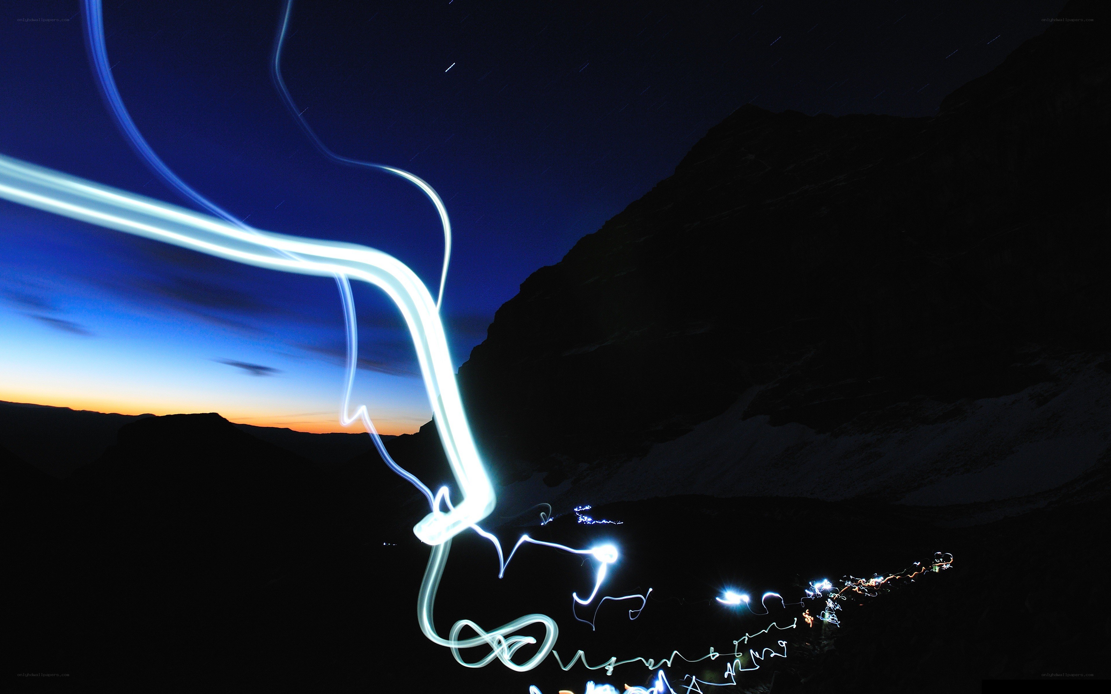 Light painting on a mountain trail