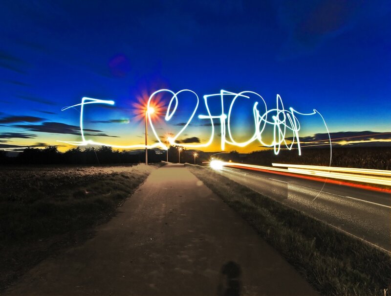 Light painting on a rural road