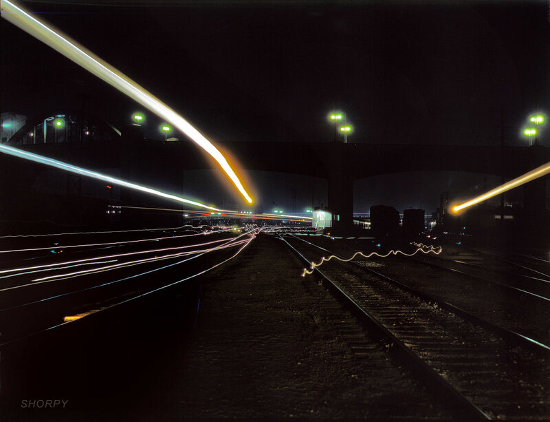 Light trails at a train yard
