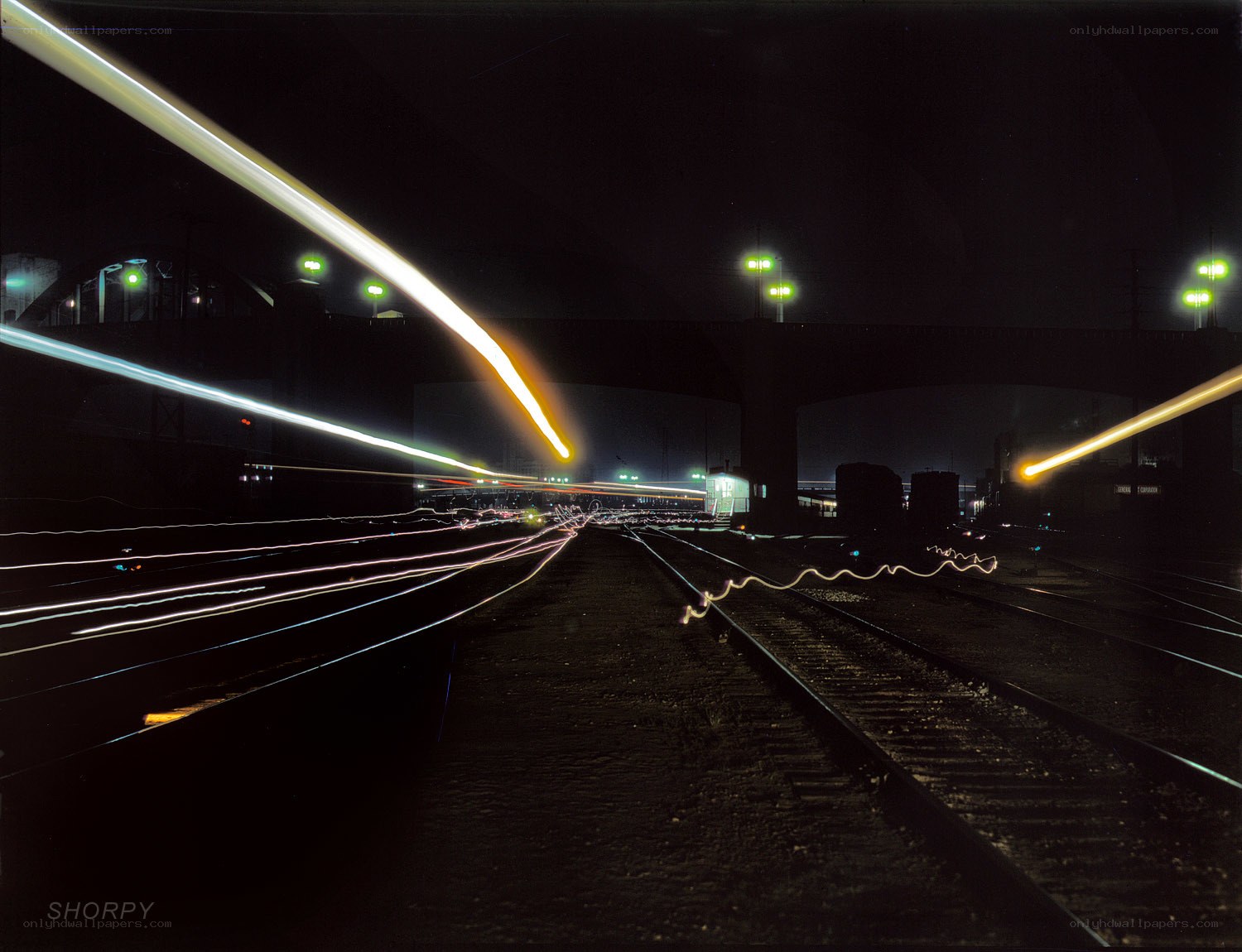 Light trails at a train yard