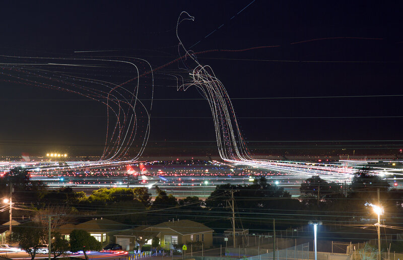 Light trails at night airport