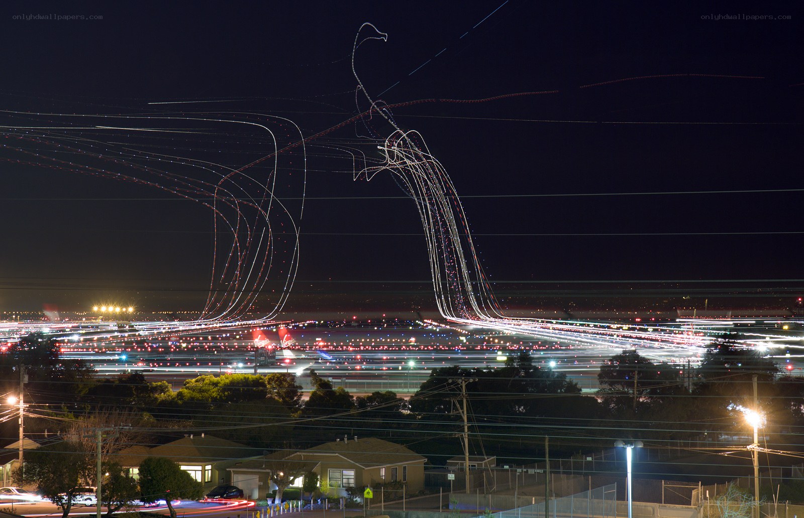 Light trails at night airport