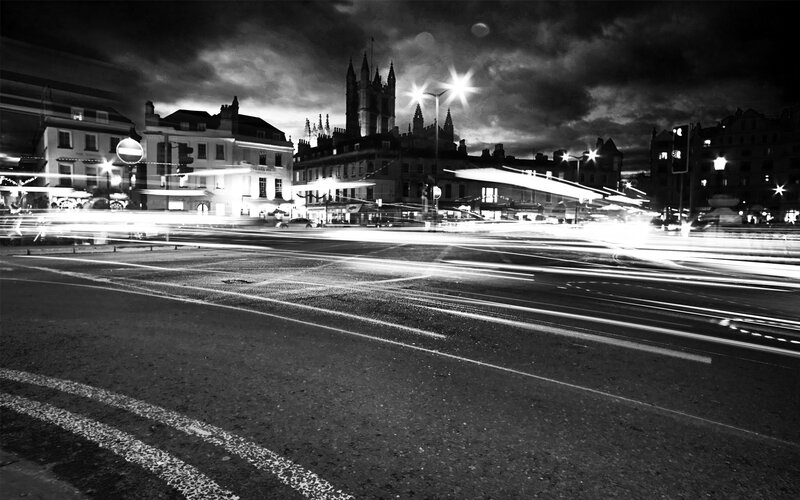 Light Trails at Night — Black, Dramatic, Photograph, Buildings