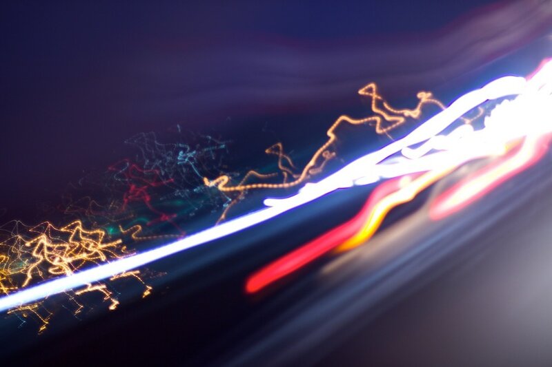 Light Trails at Night — Blue, Dynamic, Abstract, Lights, Motion Blur, Dark Sky