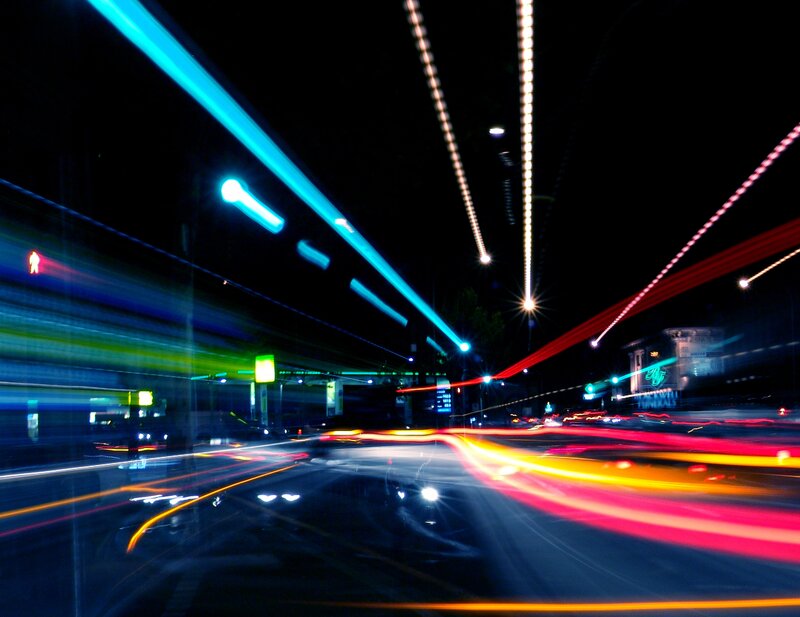Light Trails at Night — Blue, Dynamic, Photograph, Traffic Lights