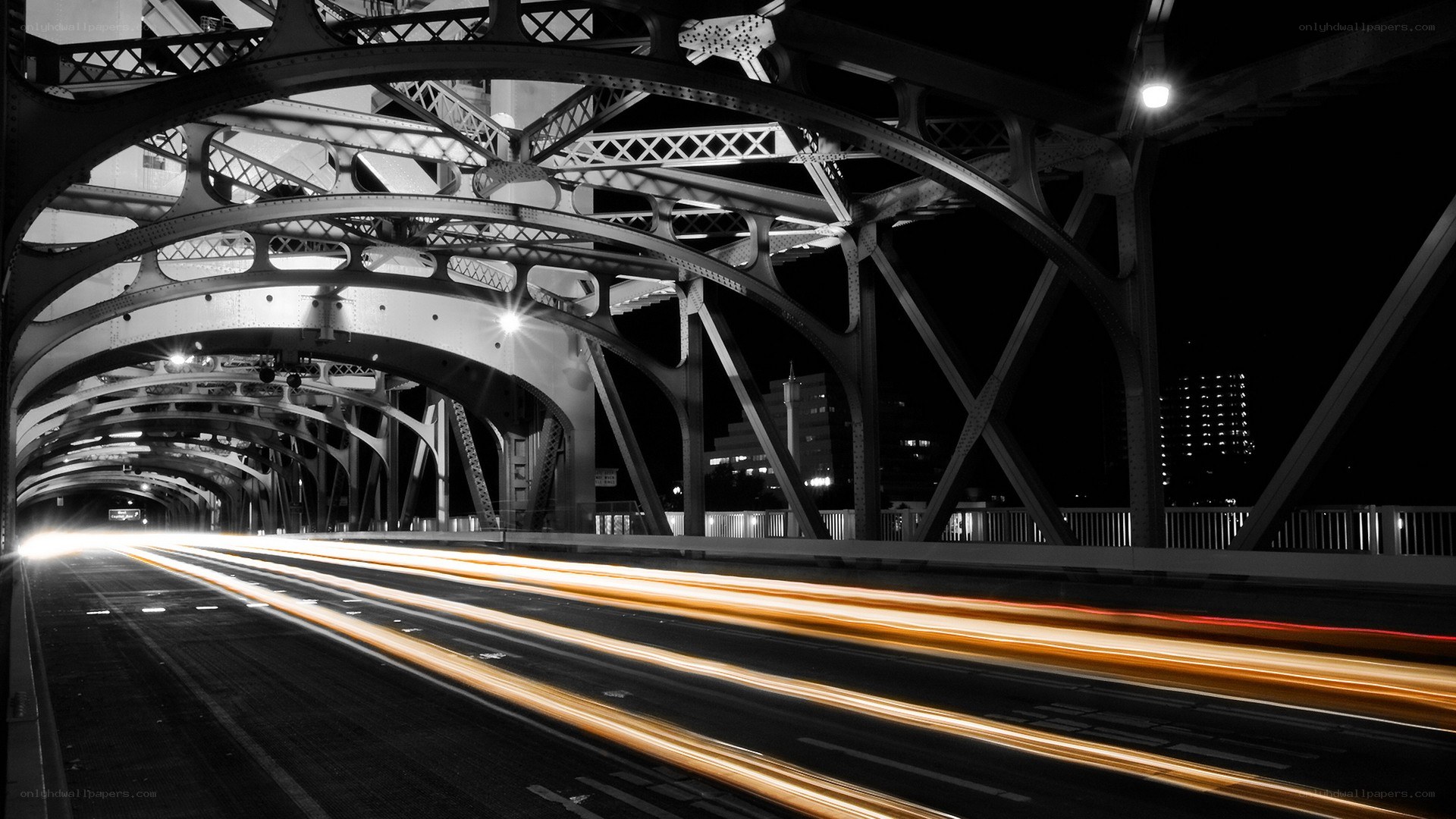 Light trails on a bridge at night