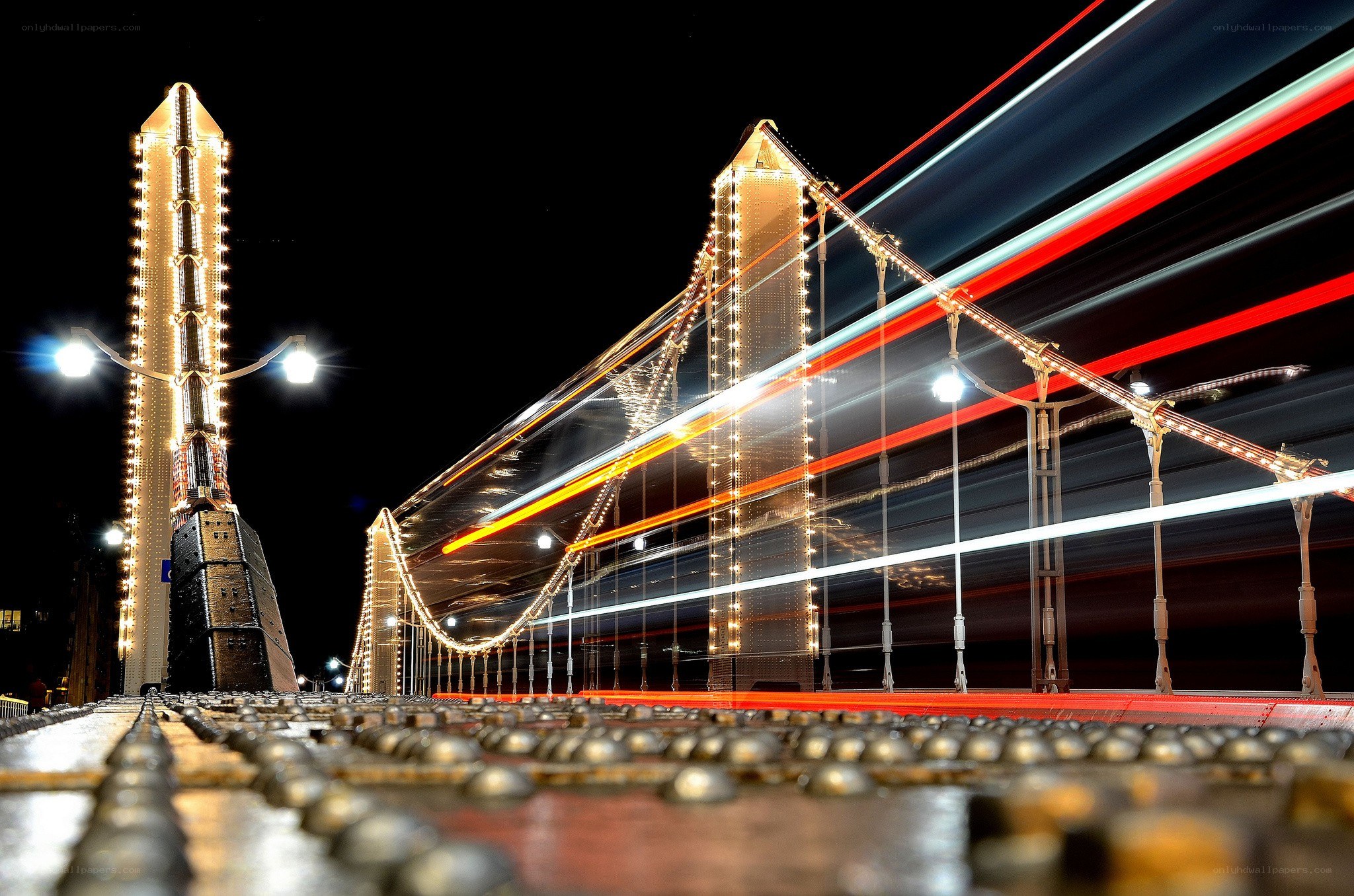 Light trails on a bridge at night