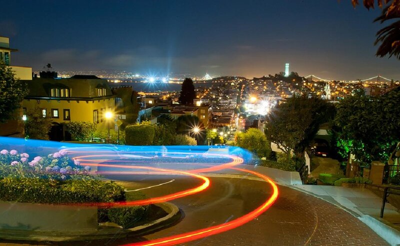 Light Trails on a Winding Road — Blue