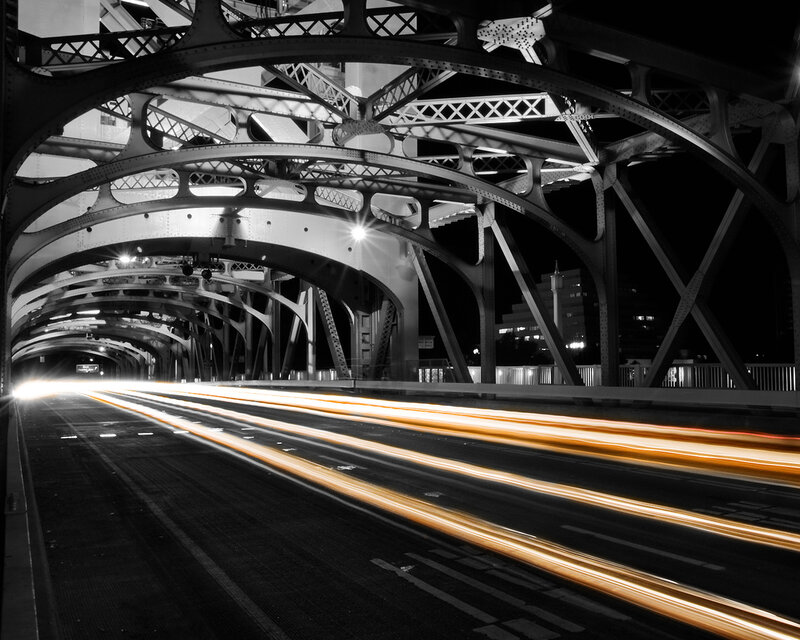 Light Trails on Bridge — Black, Dramatic