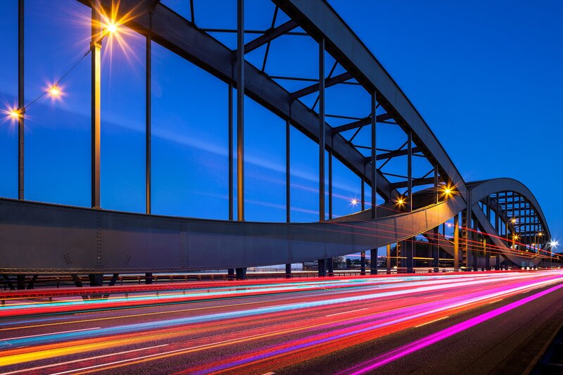 Light Trails on Bridge — Blue, Dramatic, Night, Photograph, Lights
