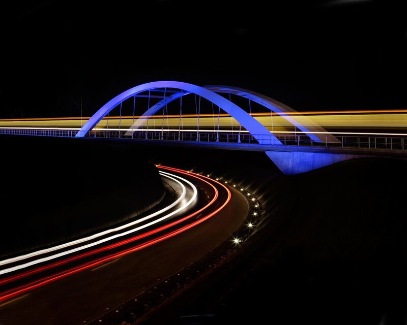Light Trails on Bridge — Blue, Dramatic, Night