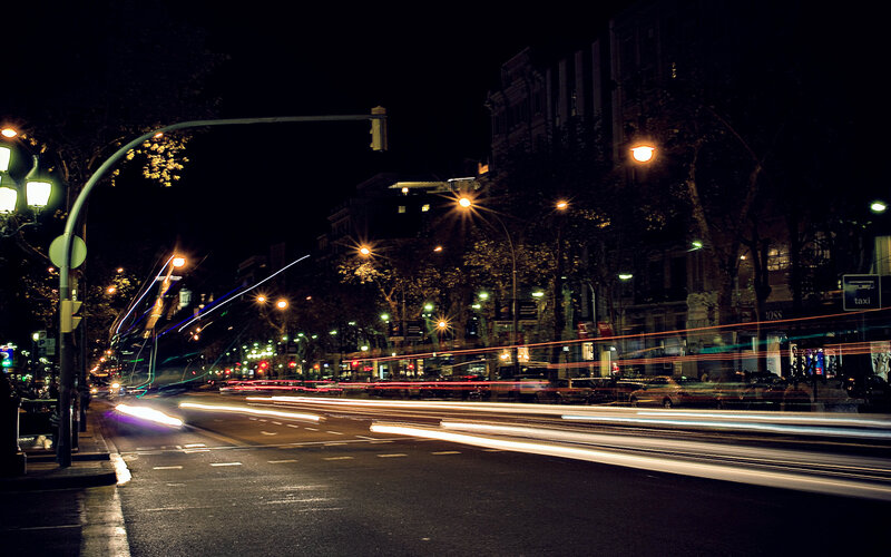 Light Trails on City Street — Black, Dark, Night